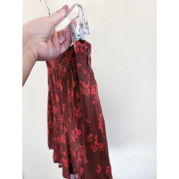 Free People Skirt Size 4 Maroon Floral Ruffle Hem Mini Drop Waist Boho Rayon - Picture 5 of 10
